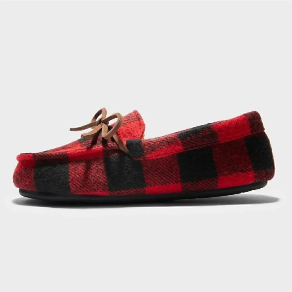 NEW! Dluxe by Dearfoams Braydon
Moccasin Kids Slippers Red Plaid - Picture 4 of 7
